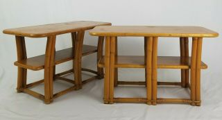 Mid - Century Rattan Bamboo And Wood End Table Nightstands Pair Boho Retro Vintage
