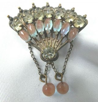 Antique Vintage Czech Saphiret Glass Fan Brooch Pin Faceted & Beads