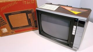 Emerson Vintage Television Set 1980s 13 " Color Tv Walnut Wood Grain In Orig Box