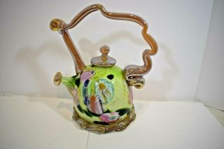 Vintage Paul Counts Studio Signed Hand Blown Art Glass Teapot 9 " Green (v0621)