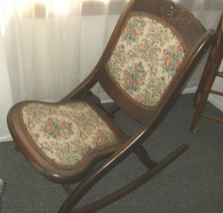 Edwardian Folding Oak Embroidered Rocking Chair
