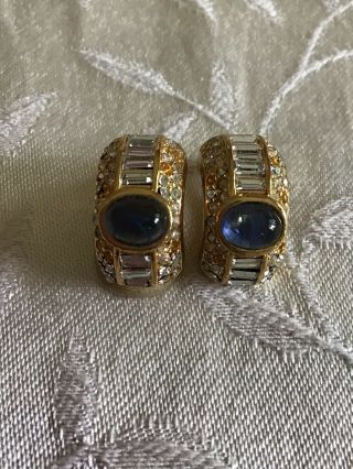 Christian Dior Vintage Earrings Gold Tone Rhinestones And Blue Cabochon