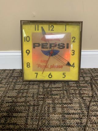 Vintage Pepsi Cola Square Bubble Wall Clock Lighted Say Pepsi Please