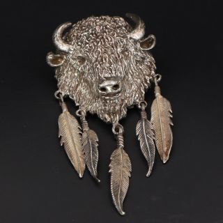 Vtg Sterling Silver - Southwestern Buffalo Head Feather Fringe Pendant - 52g