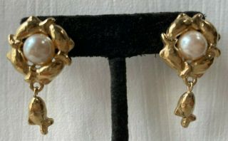 Vtg Givenchy Paris Ny Gold Tone Faux Pearl & Dangling Fish Pierced Earrings