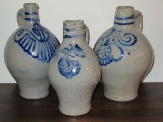 3 X Antique Westerwald Salt Glaze Ceramic Stoneware W Blue Designs Around 1880