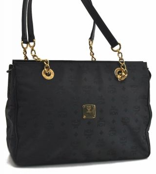 Authentic Mcm Nylon Leather Chain Vintage Shoulder Tote Bag Black B9366