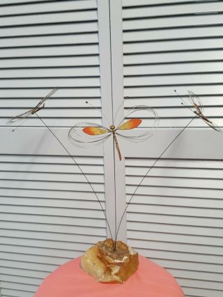 Vintage Signed C.  Jere 1970 Metal Dragonflies Kinetic Sculpture On Quartz Base
