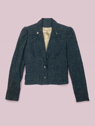 Christian Dior Boutique Jacket Uk 10 Blue Linen Elbow Patch Smart Vintage 065047