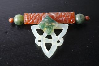 Vintage Chinese Carved Carnelian,  Jade Natural Stone Celtic Style Pin Brooch