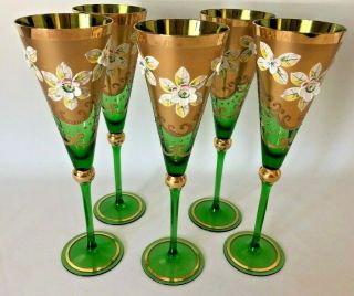 Vintage Set 5 Bohemian Tall Glasses Green Heavy Gold Hand Painted Enamel Flowers