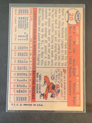 1957 Topps Hank Aaron Milwaukee Braves 20 Baseball Card Small Spot Below Hands 3