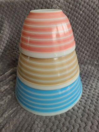 Vintage Pyrex Rainbow Stripe Nesting Mixing Bowl Set (401 402 403 Pink Tan Blue)
