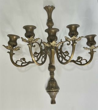 Vintage 5 Arm Ornate Brass Candelabra Sconce Wall Candle Holders