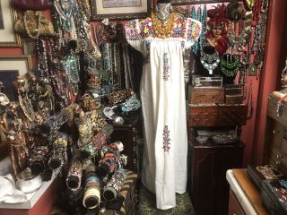 Mexican Oaxacan White And Multi Colored Embroidered Vintage Dress M/l