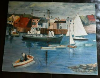 Vtg Oil Painting Nautical Coastal Scene Folk Art 16”x20” Signed Canvas Board