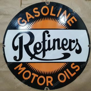 Motor Oils Refiners Vintage Porcelain Sign 30 Inches Round