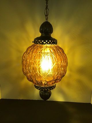 Vtg Mcm Hollywood Regency Amber Glass Diffuser Hanging Swag Lamp