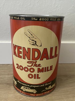 Vintage Kendall 2000 Mile Oil Large 5 Quart Motor Oil Can Empty
