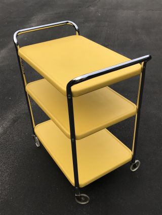 Vintage 3 - Tier Cosco Metal Cart Yellow/chrome Kitchen Utility Rolling Cart