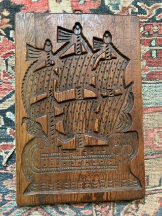 Vtg Antique Speculaas Wood Ship Mold Butter Handmade Rare 11x16 Signed