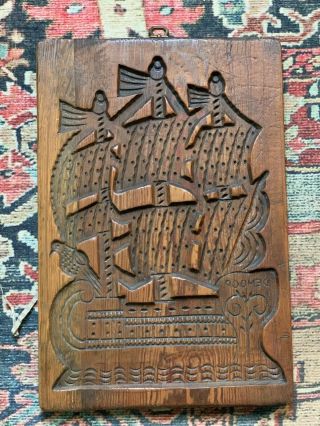 VTG ANTIQUE SPECULAAS Wood Ship MOLD BUTTER HANDMADE Rare 11x16 Signed 2