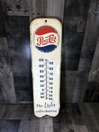 Vintage Pepsi Thermometer The Light Refreshment Pepsi - Cola Metal Antique Sign