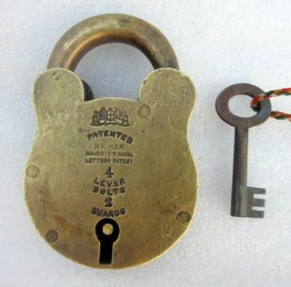Vintage Old Patented Crown And Lion Engraved Improved Hand Made Brass Padlock