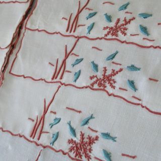 16 Vintage Marghab Hand Embroidered Linen Cocktail Napkins Under The Sea Coral