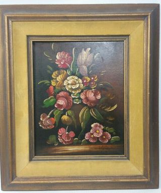 Vintage Floral Flower Oil On Canvas Painting Gold With Gold Felt 19th Century