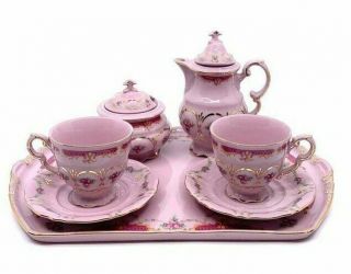 Rgk Leander Vintage Czech Pink Demitasse Tea Set W/ Roses And Hand Painted Gold