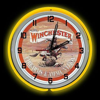 19 " Winchester Firearms & Ammunition Sign Double Neon Clock Yellow Neon Chrome