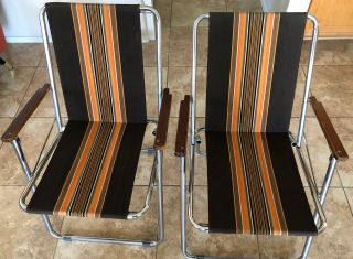 2 Vintage Elite Chrome Brown Striped Folding Lawn Camping Chair A&e Systems Euc