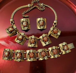 Vintage Selro,  Parure Set,  Necklace,  Bracelet,  Earrings Red Confetti Cabochons