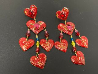 Vintage Lunch At The Ritz 88 Red Heart Gold Tone Pierced Earrings
