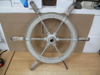 Antique Vintage Portland Laughlin Boat Ship Steering Wheel Cast Iron Wood Brass