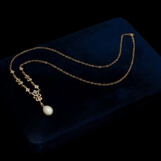 Antique Vintage Deco Retro Style 10k Bi Gold South Sea Pearl Diamond Necklace