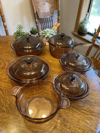 Vintage 11 Pc Corning - Vision Ware Clear Amber/brown Cookware Set W/ Lids
