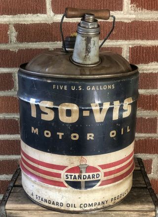 Vtg 1950s Standard Oil Iso - Vis Motor Oil 5 Gallon Oil Can Tin Gas & Oil Station