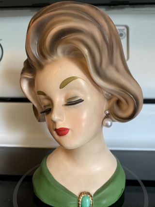 Vintage Napcoware Large Lady Head Vase Planter Headvase 9” Tall Green