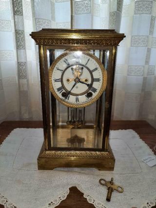 Antique Brass Ansonia Mantel Clock With Key And Mercury Pendulum