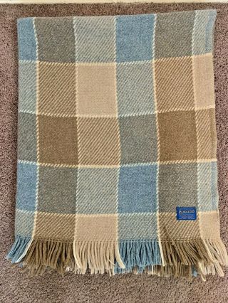 Vintage Pendleton Plaid Wool Blanket Throw Fringed Blue Brown Usa 66 X 54