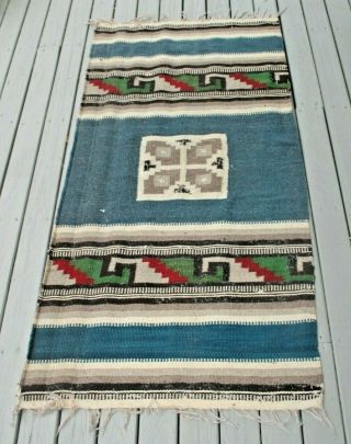 Vintage Handmade Chimayo Wool Blanket / Rug 64 " X 27” Mexico Southwest
