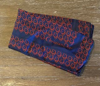 Christian Dior Vintage Navy & Red Trotter Logo Silk Scarf Handkerchief 18” Sq.