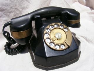 Vintage Automatic Electric Black Rotary Dial Desk Telephone With Brass Dial