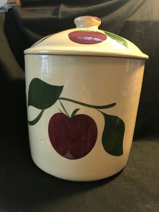 Vintage Watt Ware Pottery Cookie Canister W/ Dome Lid 2 Leaf Apple 72 Usa 9”