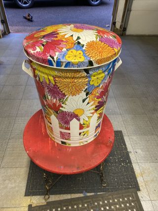 Vintage Mid Century Metal Garbage Trash Can Retro Hippy Flower Power 20 Gallon