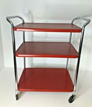 Vintage 3 - Tier Cosco Metal Red Chrome Kitchen Rolling Cart