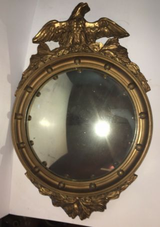 Vintage Wood American Eagle Federal Bulls Eye Convex Bubble Glass Mirror