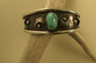Vintage Southwest Sterling Cuff With Turquoise Stone And Leaves